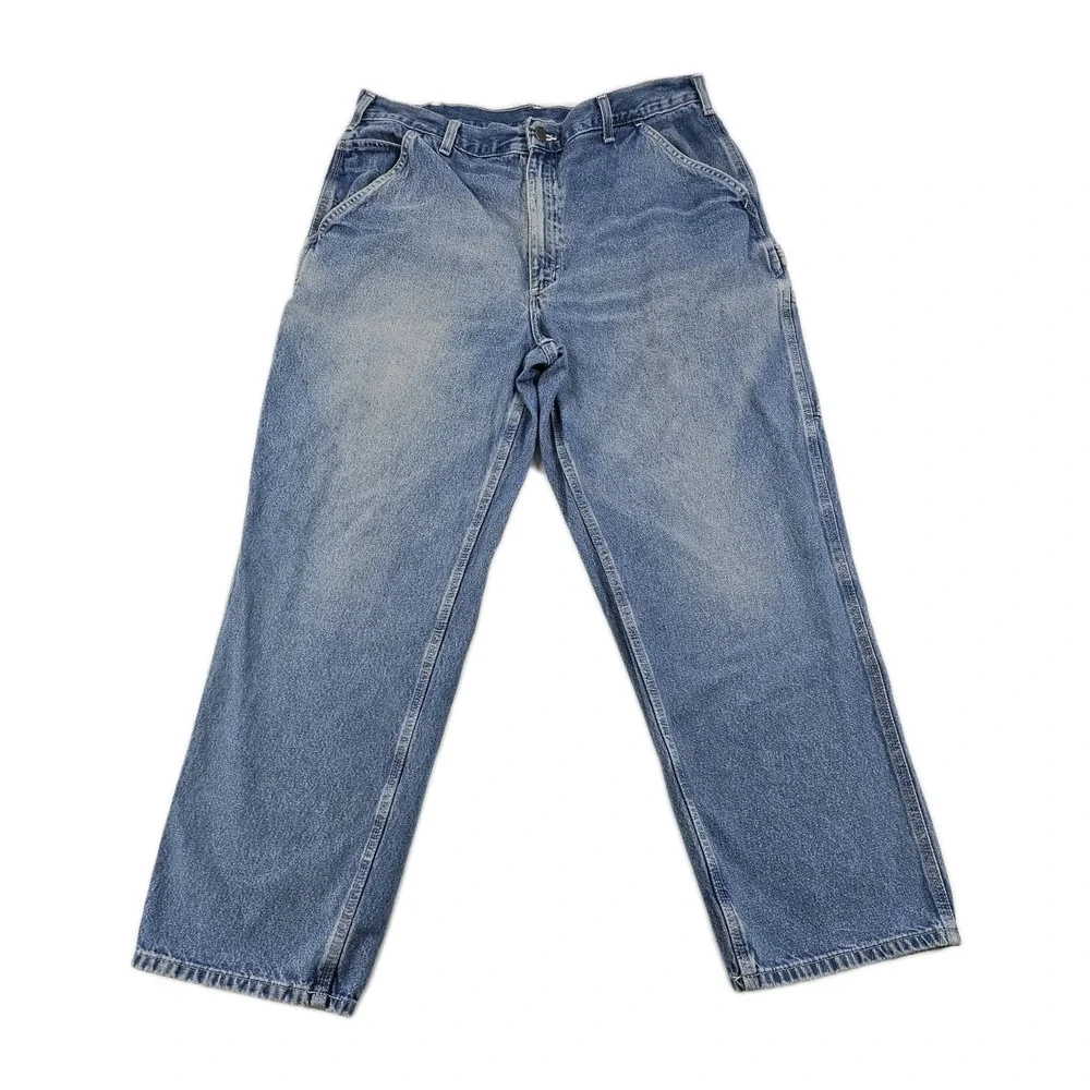 Carhartt Carpenter Utility Pants Mens 38x30 Denim Blue Jeans Distressed B13-DST